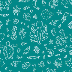 Seamless pattern with hand drawn marine animals including octopus, turtle, seahorse, jellyfish, squid, and fish on white background.