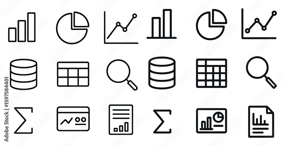 Poster data analysis linear icons set – statistics, metrics, and evaluation graphics