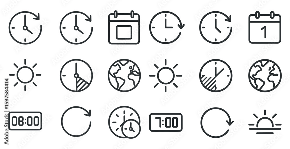 Poster time and date outline icons set – linear, line, schedule and calendar symbols