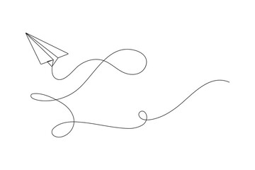 Paper plane continues one line drawing in a minimal style isolated outline vector illustration