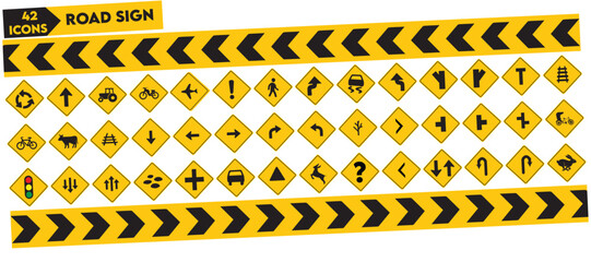 Vector art of a comprehensive set of yellow road signs isolated on white background