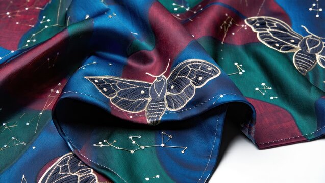 Celestial moth pattern on luxurious silk fabric
