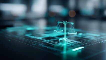A blurred office backdrop features golden scales of justice positioned on a futuristic city map, complete with green lights, to represent the blend of legal technology and urban planning