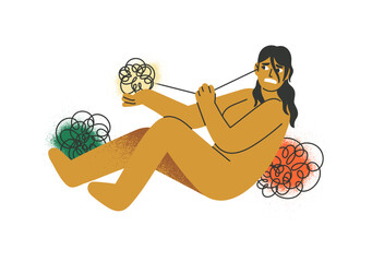 Obsessive compulsive disorder concept. Person with anxious thoughts worries, suffers from OCD. Mental problem, anxiety. Psychology, psychological health. Flat isolated vector illustration in white