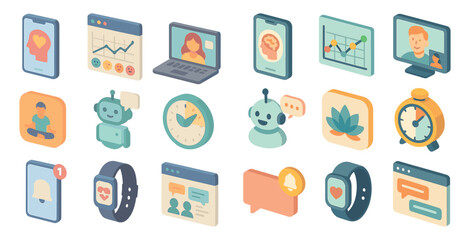 Mental health and wellness icons set – isometric, line, mindfulness and meditation graphics