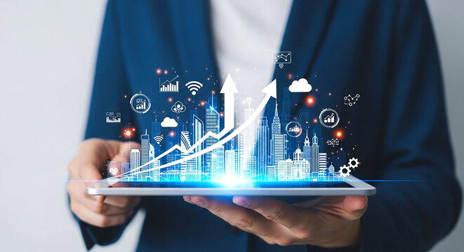 Person holding tablet displaying city skyline with upward arrows and data related icons overlaid
