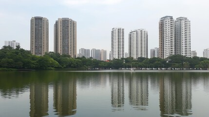 Fototapeta premium City skyline reflected in a calm lake. Lush green park surrounds the water's edge. Modern high-rise buildings stand on the far shore