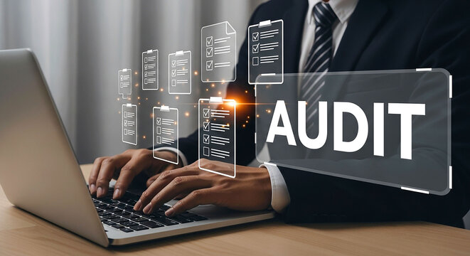 A person types on a laptop with audit text and checklist icons floating in the foreground view online