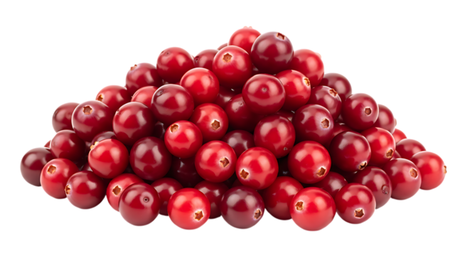A large pile of fresh red cranberries isolated on transparent background