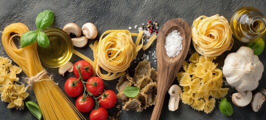 The vibrant arrangement of fresh pasta and ingredients for a delicious meal.