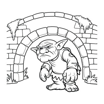 Troll under bridge Coloring Page, Vector, Illustration, Outline, Line Art, Silhouette, White Background.