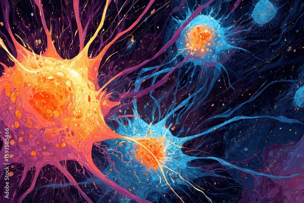 Aufkleber neurons connecting impulses firing in abstract space. science, education usage