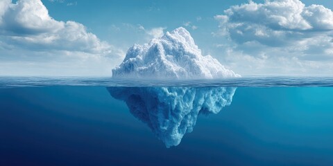 Iceberg partially submerged in ocean water, with clouds above