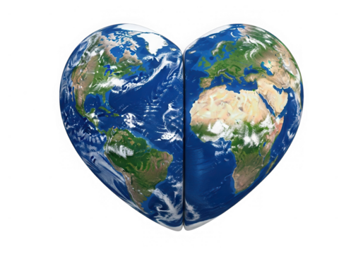 Earth globe heart shape world map geography planet isolated on transparent background