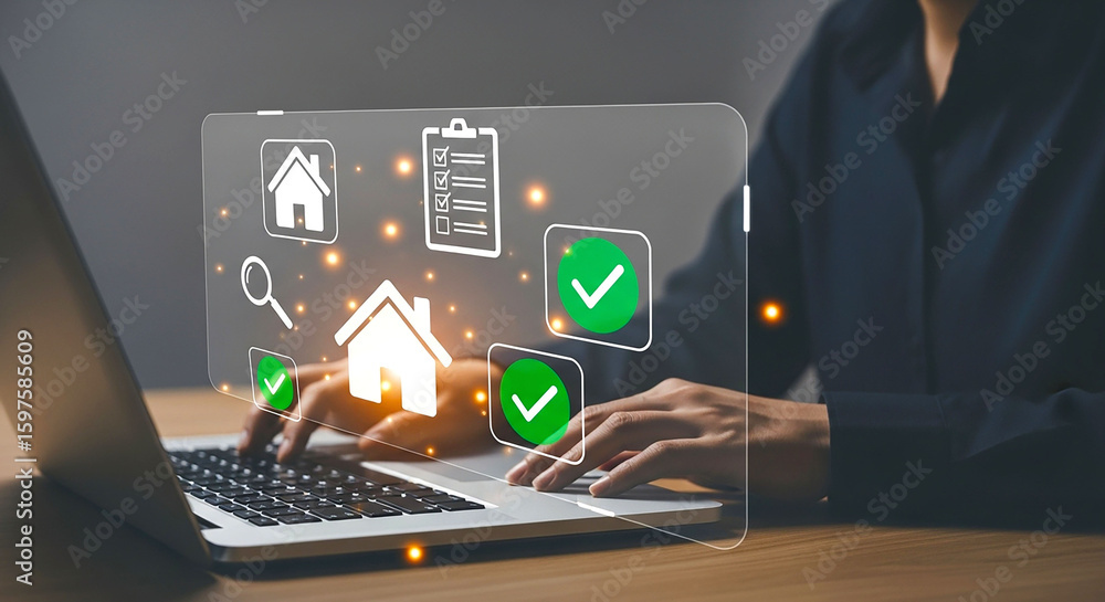 Poster person using laptop with transparent screen showing house icons and checklist interface overlaying s