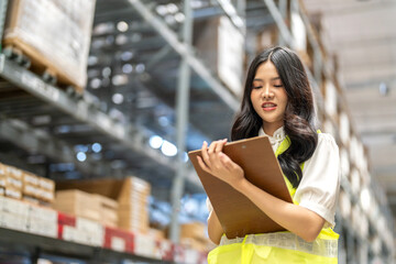 Asian warehouse staff woman checking inventory with clipboard in logistics management, working in...
