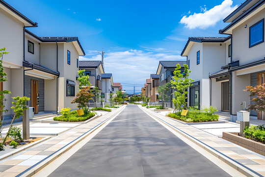 整備された街並みに立ち並ぶ現代的な戸建て住宅・住宅展示場 - Powered by Adobe