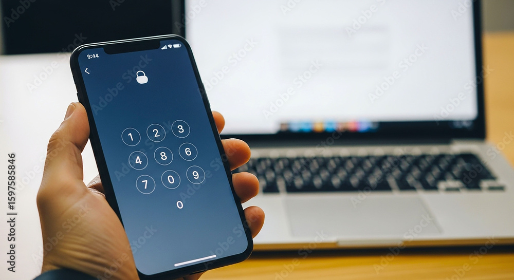 Poster a hand holding a smartphone with a number pad lock screen in front of an open laptop computer