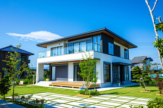 整備された街並みに立ち並ぶ現代的な戸建て住宅・住宅展示場