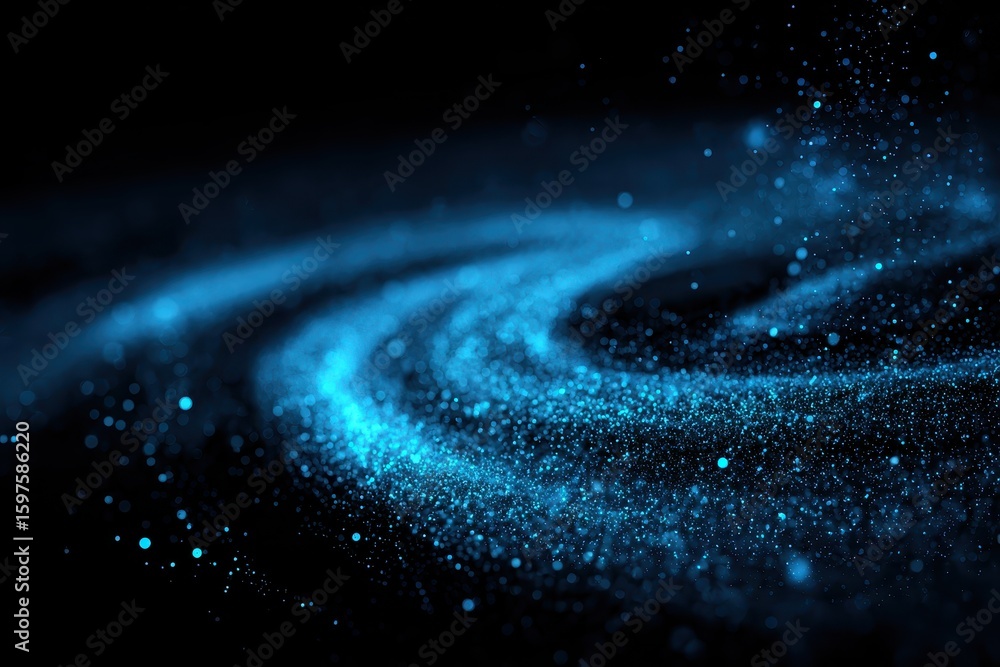 Poster swirling light particles flow, shining in the dark. science backdrop, abstract usage