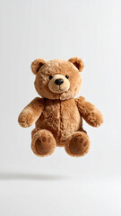 Obraz premium Cute Floating Bear Doll in Air – Adorable Plush Toy with Soft Expression, Whimsical 3D Illustration, Childlike Fantasy Character, Light Pastel Background, Kawaii Design for Kids and Decor