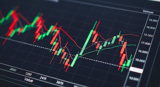 Close up of a stock market chart with green and red candles against a black background on a screen