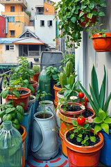 Colorful balcony garden with potted herbs, vegetables, and flowers in plastic containers and recycled bottles, set against a vibrant urban backdrop of residential buildings and hanging greenery.