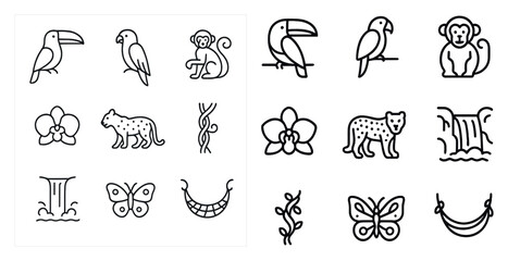 Jungle and wildlife outline icons set – flat, linear, tropical and animal symbols