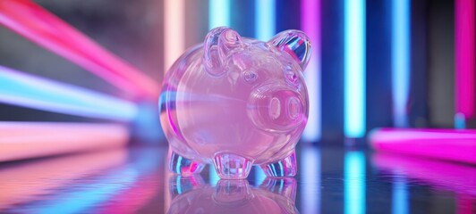 The clear piggy bank surrounded by vibrant neon lights and reflections.