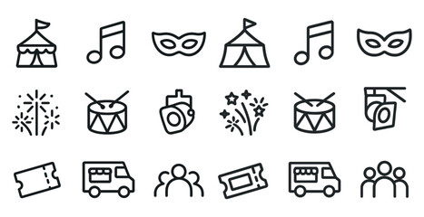Fototapeta premium Festival and event outline icons set – linear, celebration, party symbols