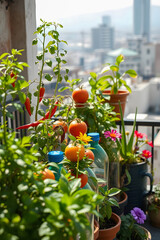Balcony garden with healthy tomato and chili plants growing in pots, surrounded by flowers and green foliage, with a soft-focus city skyline and plastic bottle planters in the background.