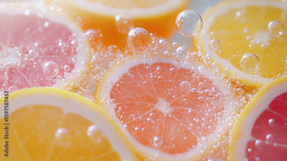 Poster refreshing citrus slices submerged in sparkling water with vibrant bubbles creating a dynamic visual