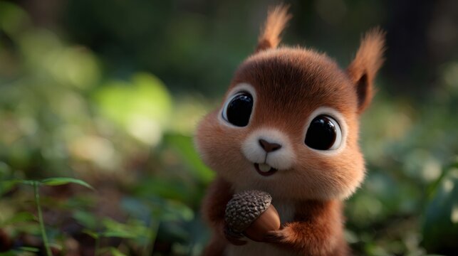 Adorable squirrel holding acorn in lush forest setting