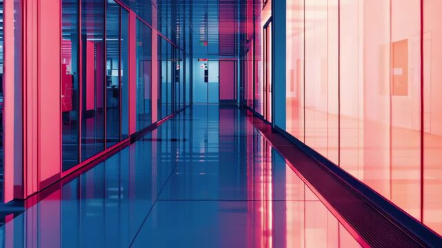 Semiconductor production fab cleanroom corridor with vibrant lighting effects and modern architecture, Semiconductor production fab cleanroom, where technology meets precision manufacturing