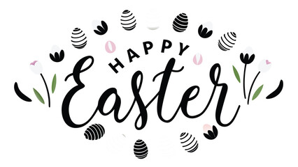 Happy easter text with easter eggs and floral decorations in black and white and pink color palette
