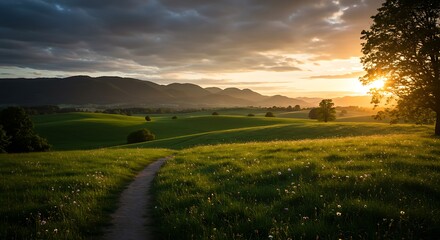 Obraz premium Cloudy sunset light across lush green field with hillside tree and scenic path