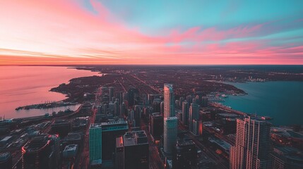 Aerial view of a city at sunset over water. Vivid colors of pink and teal fill the sky