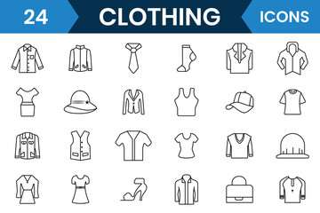  Clothing line icon vector collection. Clothes and  Fashion icons such as Jacket, Winter Coat, Sweatshirt, Dress, Hoody, Jeans, Hanger, trousers, pants, hanger and other Apparel. Vector illustration.
