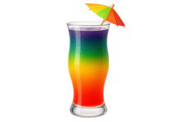 Refreshing rainbow cocktail in hurricane glass with colorful layers and small umbrella, isolated on transparent background