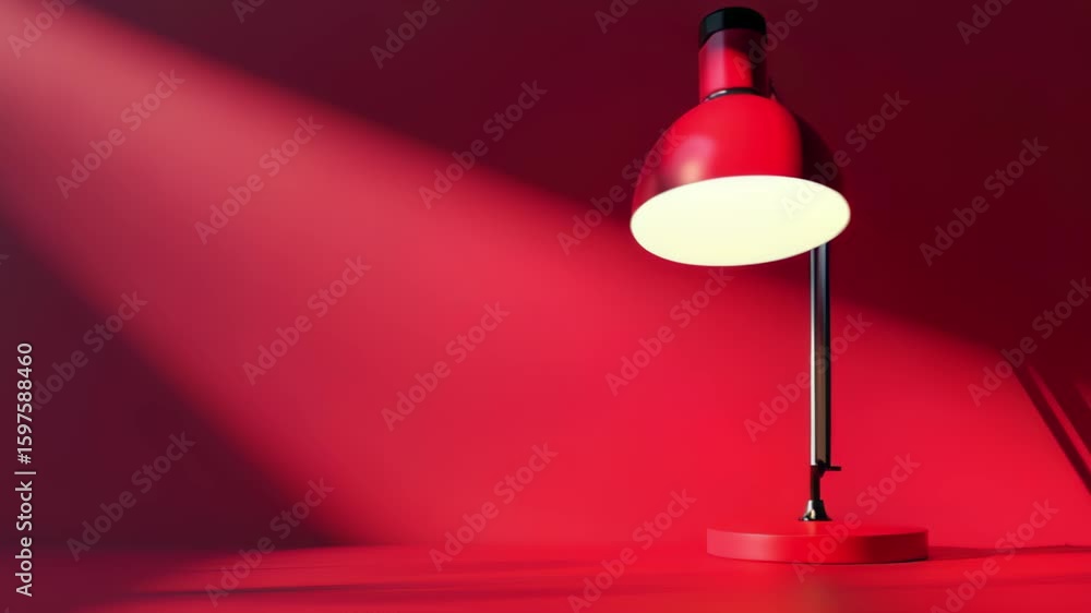 Poster red table lamp illuminates a minimalist workspace with a vibrant flair in a modern office setting, r