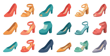 Fototapeta premium Footwear design isometric icons set – shoes, heels, fashion and style symbols
