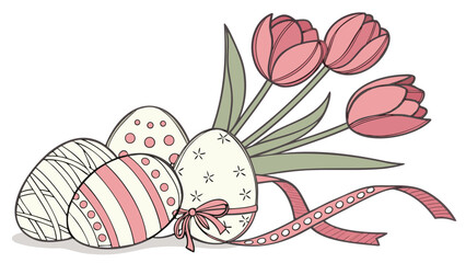 Decorated easter eggs with pink tulips and ribbon creating a festive spring holiday arrangement