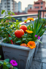 Container garden on a balcony with ripe tomatoes, red chilies, and vibrant orange and purple flowers growing in a plastic tub, set against a blurred background of urban high-rise buildings.