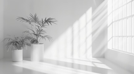 Fototapeta premium White room interior with a window and plants. Minimalist style. Simple background. Soft light, shadows, and sun rays. Bright color scheme. Interior design simple natural clean summer sun