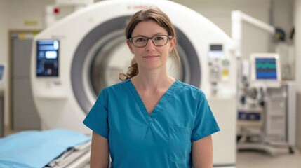 Female radiologic technologist in blue scrubs standing confidently in front of a CT scanner in a modern hospital imaging room.