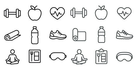 Fitness and wellness outline icons set – exercise, health, yoga and meditation symbols