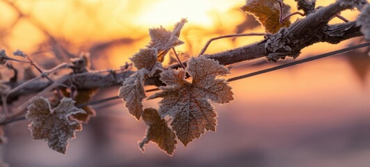 The frost-covered grape leaves glistening in the warm morning sunlight.
