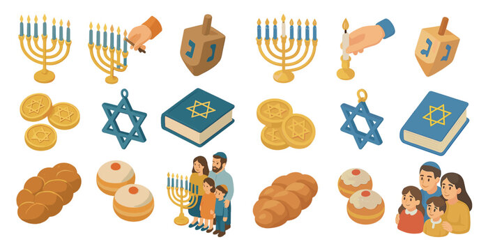 Hanukkah isometric icons set – jewish, festival, celebration symbols