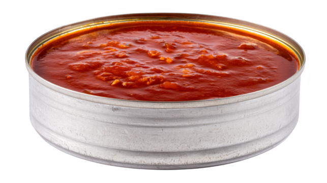 Classic tin can filled with vibrant red sauce, a culinary essential.