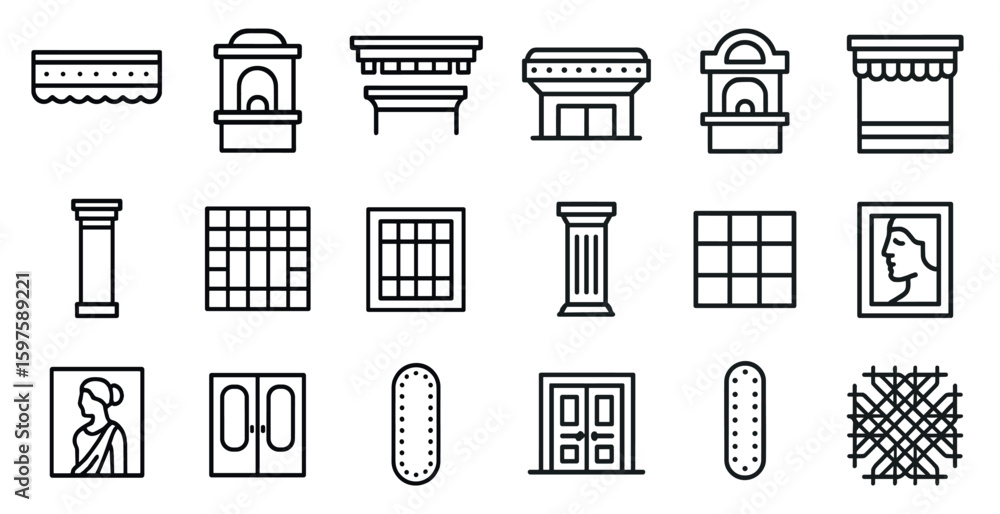 Poster architecture outline icons set – linear, building, structure and design symbols